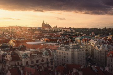 Fototapeta na wymiar Aerial view of Prague at sunset with Prague Castle - Prague, Czech Republic