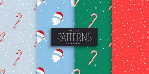 Fototapeta na wymiar Christmas vector seamless patterns collection with candy, snow, and Santa Claus. Set of colorful holiday background swatches. Holiday Christmas. Vector illustration.