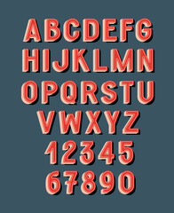 Retro Font. English alphabet and numbers from a to 9 with 3d effect and shadows.