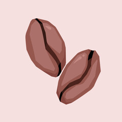 Brown raw two double coffee beans vector illustration isolated on plain light brown background. Plant drawing with cartoon simple flat art style.