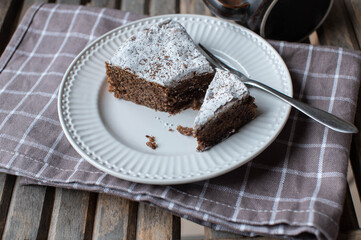 Piece of chocolate cake on a white plate