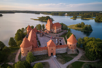 Trakai Castle with lake and forest in background. One of the most famous Sightseeing place in Lithuania. Galve lake and Island.