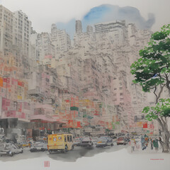 Cultural attractions Hong Kong China watercolor on paper 