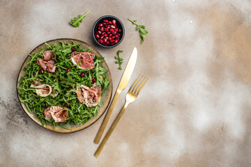 jamon, ham, rucola Salad, Antipasto. Festive holiday food. banner, menu, recipe place for text, top view