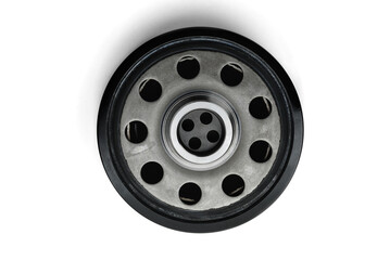 Crankshaft pulley isolated on white background. Car torsional vibration damper.