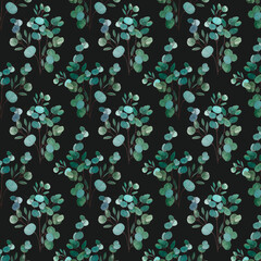 Hand-drawn watercolor seamless eucalyptus pattern of beautiful green branches and leaves on a black backdrop. It can be used for fabrics, prints and more. JPG file 5000x5000 px at 300 dpi.