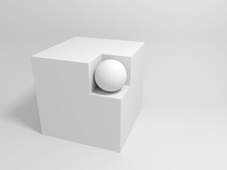 Fototapeta premium Abstract white geometric installation with a sphere in a cube, 3d