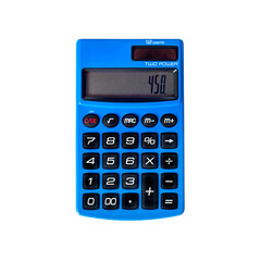 Blue pocket calculator with solar and battery powering, close-up on white background