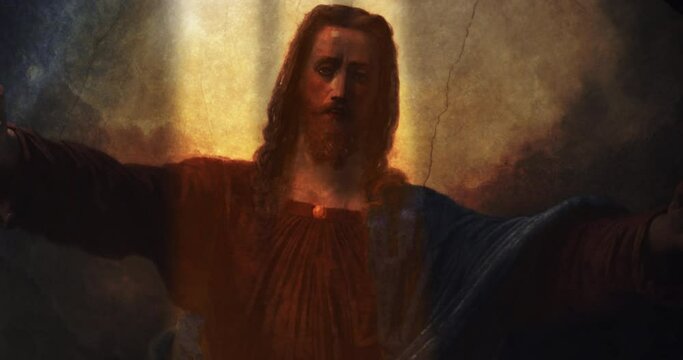 Mural Portrait of Lord Jesus Christ with Open Arms. A Painting on a Church Ceiling Depicting the Savior's Kindness and Acceptance of Devoted Believers. The Devine Light Shining Upon his Face
