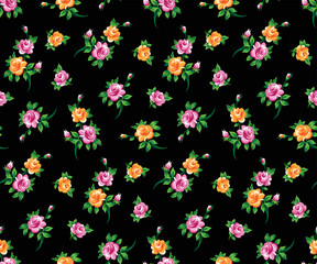 Fototapeta na wymiar small rose flower with leaf vector seamless repeat pattern illustration background, spring cute little floral textile print design for fabric 