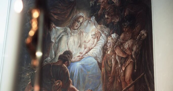 Church Mural Painting Depicting the Lord Jesus Christ's Birth and the Virgin Mary Holding him in her Arms. Images Telling the Christian Stories and Religious Events According to the Holy Bible