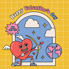 Retro groovy cartoon lovely heart mascot with arrow and bow on arch window background. Happy Valentines Day card. Weird vintage Heart cupid. Trendy retro 60s 70s style line art vector illustration.