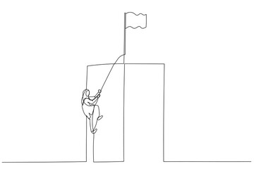 Fototapeta na wymiar Illustration of muslim business woman climbing a cliff on a rope concept of career growth. Continuous line art style
