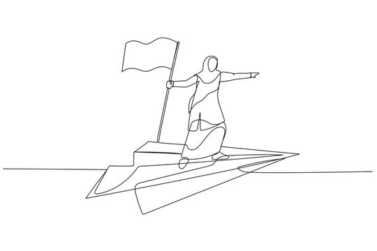 Drawing of muslim business woman flying with paper plane concept of discovery. Single line art style