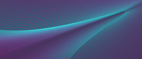 Purple, neon teal futuristic pattern of dotted lines. Technology background with spotted curves. Abstract design. Creative innovation concept for landing page, presentation, banner, website, voucher