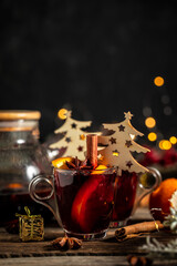 mulled red wine with spices, hot warming drink, Traditional hot drink at Christmas