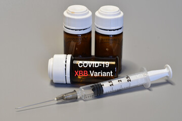 Syringe with Covid-19 vaccine against the XBB Variant. Fight against virus Covid-19 Coronavirus,...