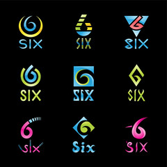 Colorful Glossy Number 6 Icons on a Black Background