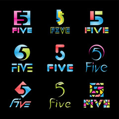 Colorful Glossy Number 5 Icons on a Black Background