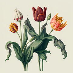 Pink tulips bouquet with green leaves.