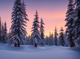 sunset in the snowy trees and mountains