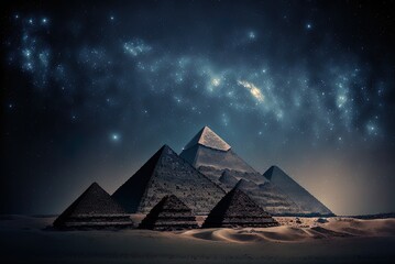 View of the ancient pyramids at night, under a starry sky. Generative AI - obrazy, fototapety, plakaty