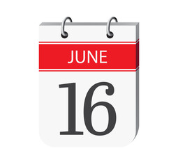 16 june calendar page vector. 3d one day calendar date appointment, deadline, event reminder illustration. Abstract three dimensional daily date calendar.
