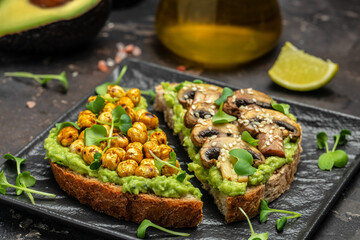 vegetarian sandwiches with avocado guacamole, chickpeas and mushrooms,