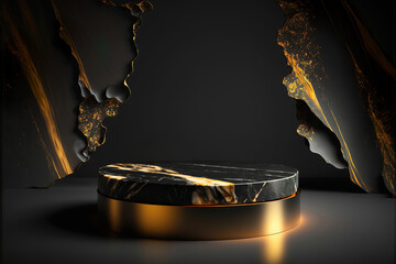 black and gold marble display podium for luxury product advertisement with a beautiful black color background with flowers, generative ai - obrazy, fototapety, plakaty