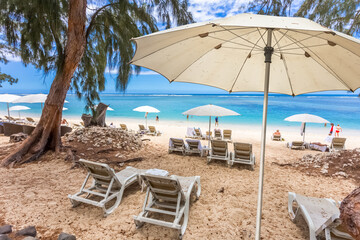 Parasols et transats sur plage chic de l’Hermitage, Saint-Gilles, île de la Réunion 