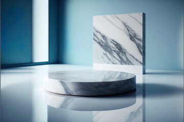 white marble display podium for luxury product advertisement with a beautiful blue color background, generative ai