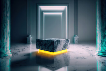 dark glowing marble display podium for luxury product advertisement with a colorful background and glowing lights, generative ai