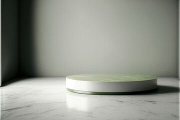 white marble display podium for luxury product advertisement with a beautiful olive green color background, generative ai