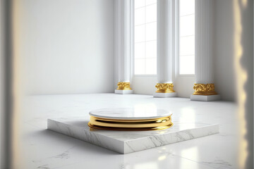 gold and white marble display podium for luxury product advertisement with a beautiful white background, generative ai