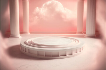 Fototapeta premium marble display podium for luxury product advertisement with a beautiful pastel pink background with clouds, generative ai