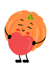 Funny orange pumpkin mascot holding a red heart