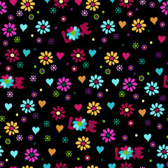 Fototapeta na wymiar Groovy seamless pattern. Retro hippie print. Cartoon funky style. Heart, flowers and inscription love. Packaging template, textiles, bed linen and wallpaper.