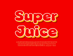 Vector marketing banner Super Juice. Creative 3D Alphabet Letters and Numbers set. Red and Yellow bright Font.