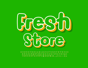 Vector eco signboard Store. Green and Yellow creative Font. Playful Alphabet Letters, Numbers and Symbols set. 