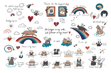 Pet cat, dog, heart, rainbow death vector illustrations set. - 557209311