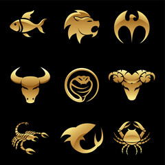Golden Glossy Animal Icons on a Black Background