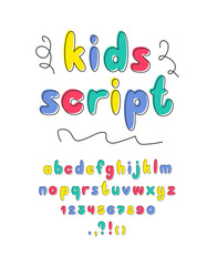 Kids Script doodle font. English alphabet. Childish handwritten letters and numbers.
