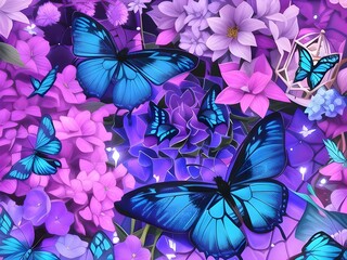 Butterflies and flowers. Abstract painting of butterflies with pink and purple flowers.