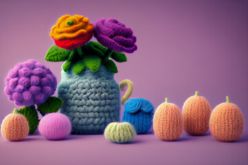generative AI. Handcraft inspiration of cute colorful plants and flowers made from wool. Wolitization style on soft light background.