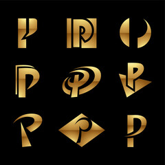 Golden Glossy Letter P Icons on a Black Background