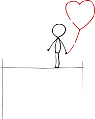 Line art man figure with red heart, stickman, stickman, white background
