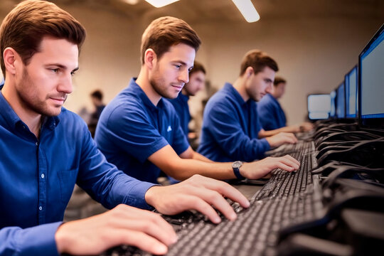 Group of young male programmers in blue shirts sitting in front of their computers and typing code, fictional person, made with generative AI