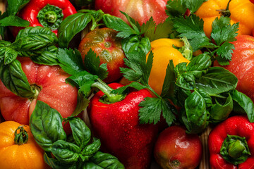 Various colorful garden tomatoes, bell peppers and spices. Ingredients for cooking, top view