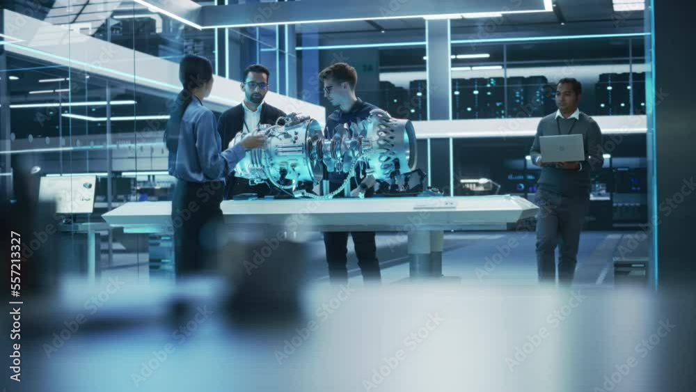 Poster Software Developer, Project Manager and Machinery Operators Collaborate on a Prototype Turbine Engine, Standing with Laptop Computer in Scientific Technology Lab. Team Developing a New Electric Motor