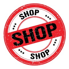 SHOP text written on red-black round stamp sign